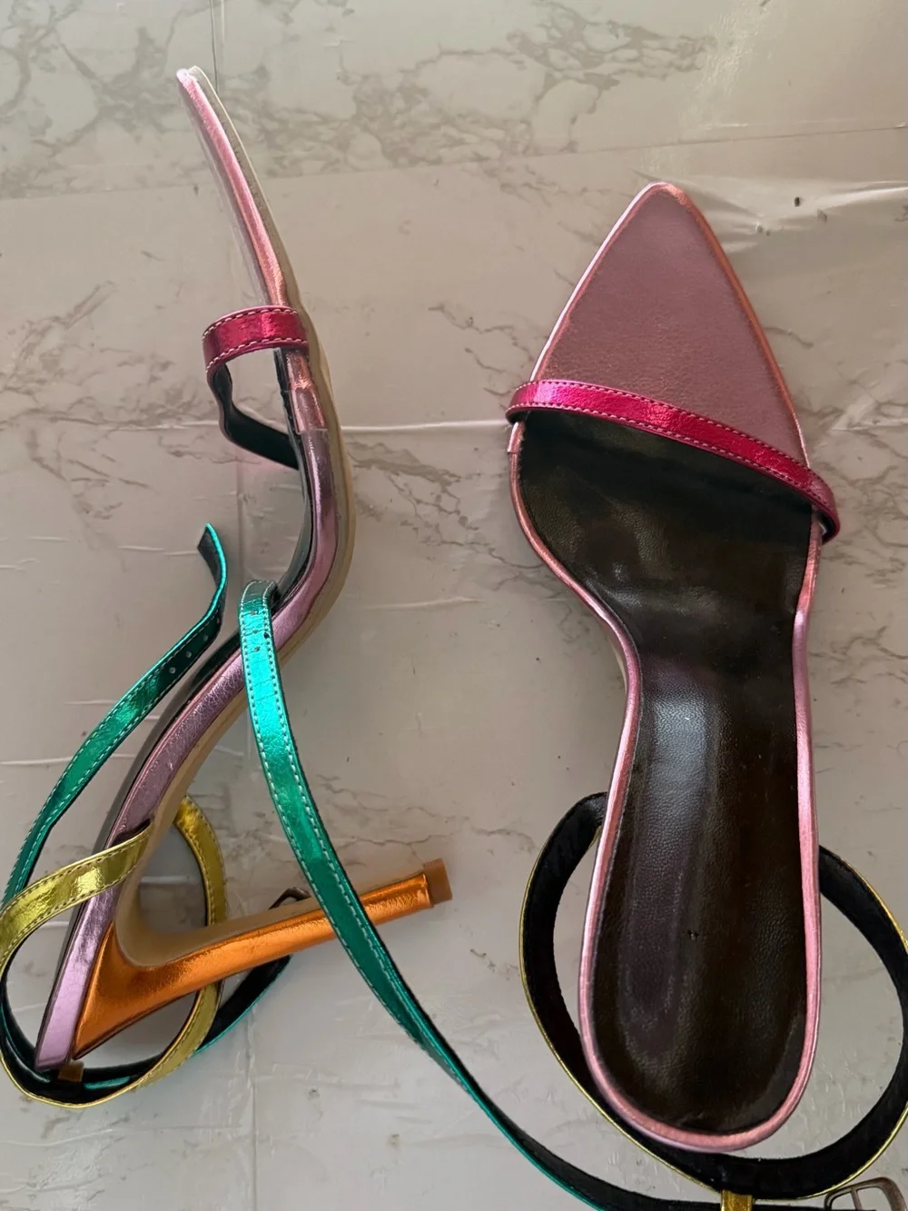 Multicolor Metallic Strappy Pointed-Toe Women’s Sandals